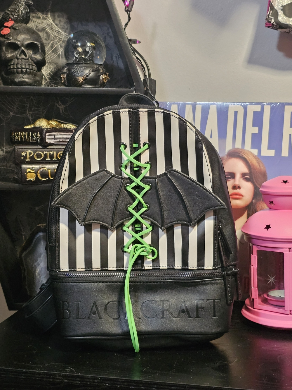 Blackcraft Black & White Striped Bat Accent Backpack with Neon Green Lacing